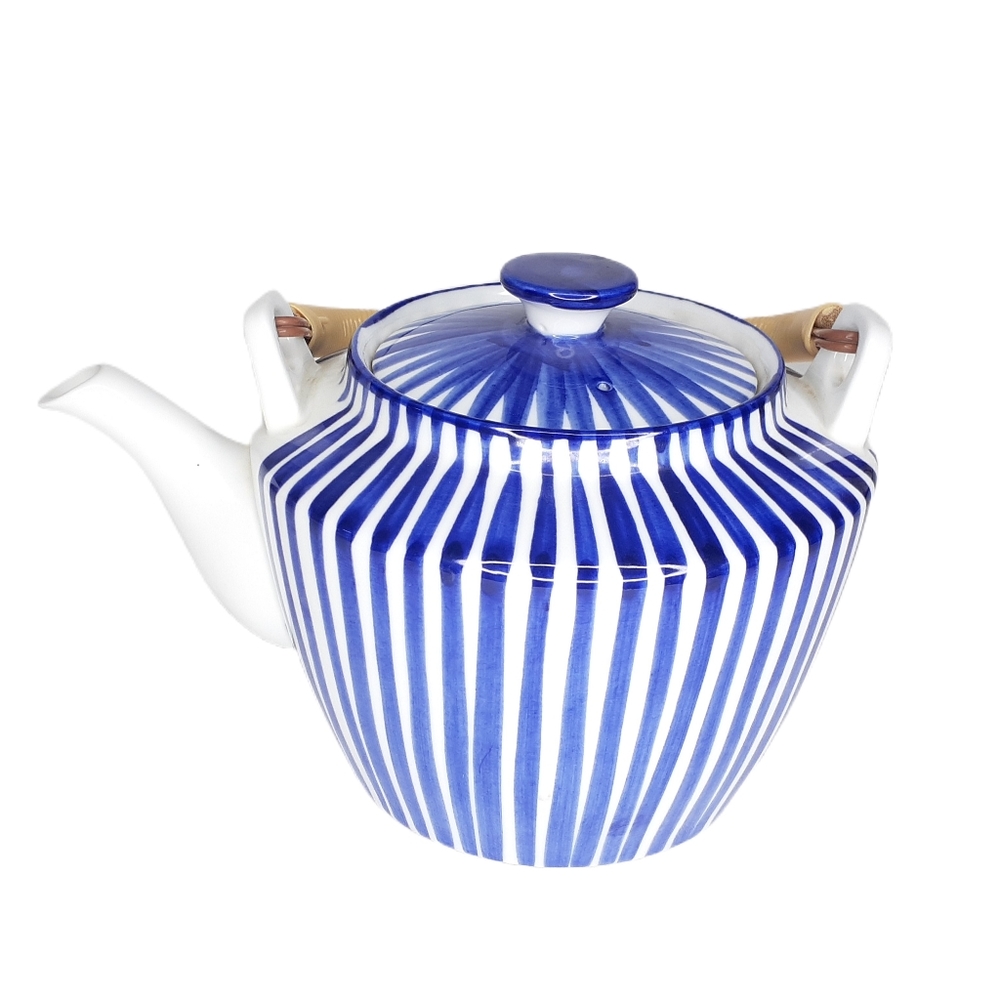 Cobalt Blue Striped Porcelain Teapot With Carrying Handle